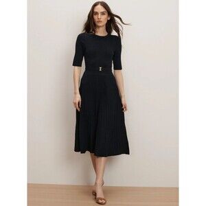 NWT Veronica Beard Elthea Navy Belted Rib Midi Knit Dress Short Sleeve L $498